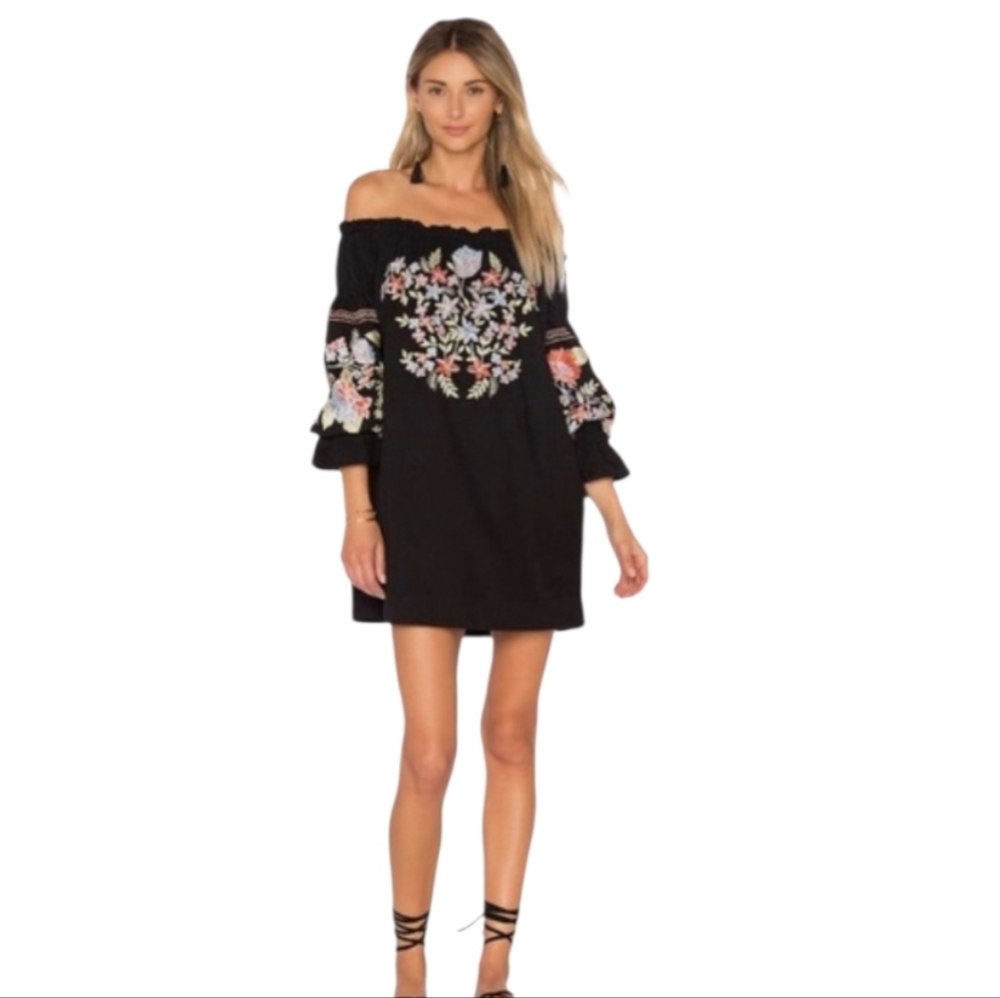 Free People Floral Embroidered Off-Shoulder Black Mini Dress Size M